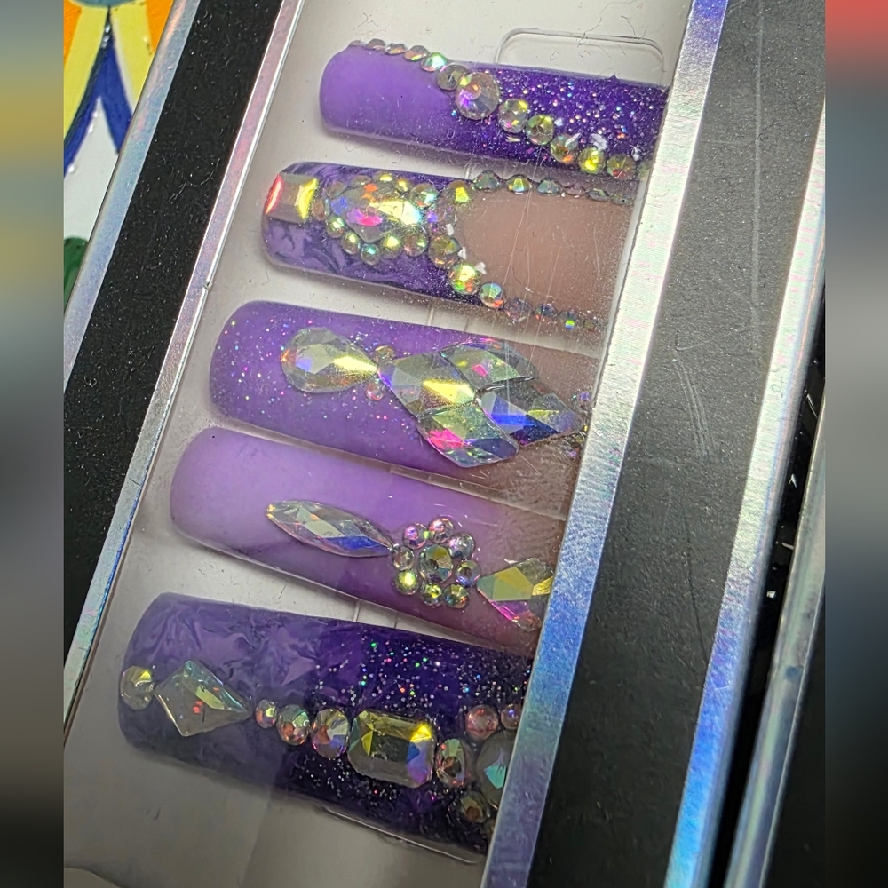 Press On Nails Purple With Rhinestones XLong